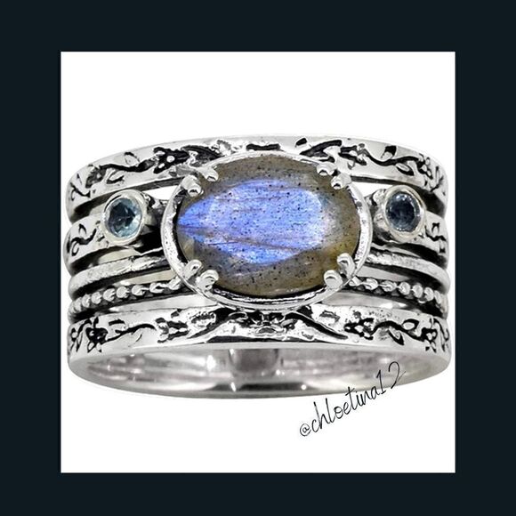 Vintage Natural Labradorite Swiss Blue Topaz 925 Sterling Silver Ring - Picture 3 of 9